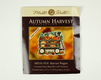 Harvest Wagon Mill Hill Kit, Autumn Harvest Series, Cross Stitch Kit, Bead Kit, inc perforated paper, threads, beads, magnet and needles