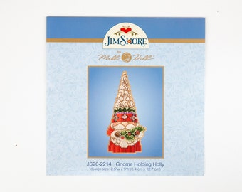 Gnome Holding Holly Mill Hill Kit, Jim Shore Series, Cross Stitch Kit, Bead Kit, incl perforated paper, threads, beads and needles