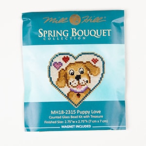 Puppy Love Mill Hill Kit, Spring Bouquet Series, Cross Stitch Kit, Bead Kit, incl perforated paper, threads, beads, magnet and needles