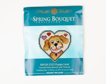 Puppy Love Mill Hill Kit, Spring Bouquet Series, Cross Stitch Kit, Bead Kit, incl perforated paper, threads, beads, magnet and needles