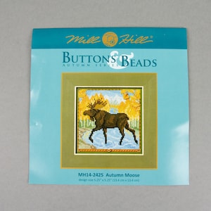 Herbst Elch, Knöpfe und Perlen Mill Hill Kit, Herbst Serie 2024, Kreuzstich und Perlen Kit
