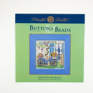Blue Bicycle Buttons and Beads Mill Hill Kit, Cross Stitch and Bead Kit, incl perforated paper, threads, beads and needles