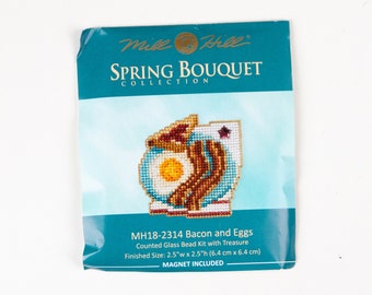 Bacon and Eggs Mill Hill Kit, Spring Bouquet Series, Cross Stitch Kit, Bead Kit, incl perforated paper, threads, beads, magnet and needles