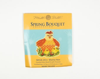 Mama Hen Mill Hill Kit, Spring Bouquet Series, Cross Stitch Kit, Bead Kit, incl perforated paper, threads, beads, magnet and needles