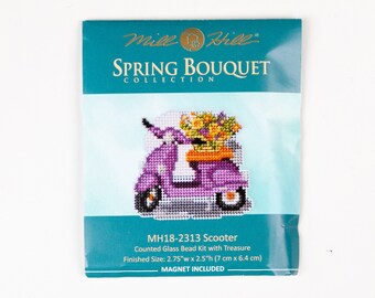 Scooter Mill Hill Kit, Spring Bouquet Series, Cross Stitch Kit, Bead Kit, incl perforated paper, threads, beads, magnet and needles