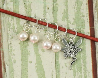 Knitting Marker Set of 5 Dusty Pink with Fairy Charm