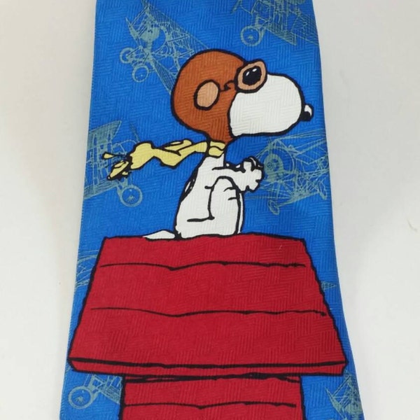 Vintage Snoopy Silk Necktie Doghouse Aviator Peanuts Charlie Brown