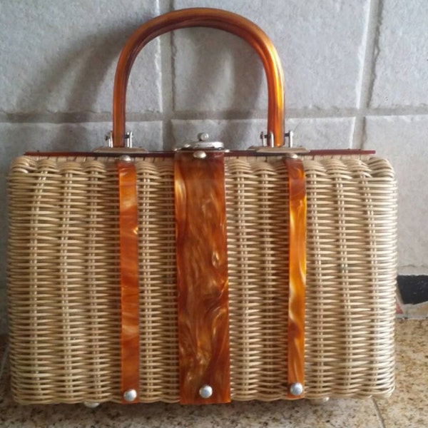 Vintage Wicker Purse and Lucite Purse Tortoise  Top Handle Mid Century