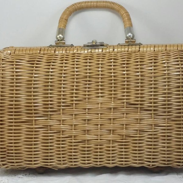 Basket weave Wicker Purse Top Handle Mid-century