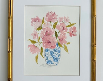 Blue & Blush Floral Original Painting | Cottage Style Wall Art | Framed Acrylic Flower Painting | Vintage Inspired Home Decor