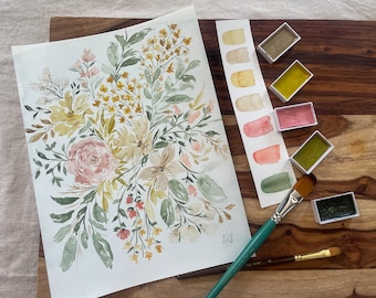 Delicate Floral Watercolor Painting | 9x12” Original Art | Soft Pastel Botanicals | Unframed Artwork