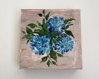 Original Blue Hydrangea Painting | Textured Floral Art | Small 6x6 Flower Painting | Cottage Home Decor | Handmade Original Artwork