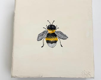 Original Honey Bee Painting | Small Textured Bee Art | 6x6 Canvas Artwork | Nature Inspired Home Decor | Handmade Original Painting