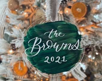 Personalized acrylic ornaments - hand lettered - velvet ribbon - white black or clear