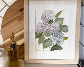 Original Watercolor Hydrangea Painting | 8x10 Framed Floral Botanical Artwork