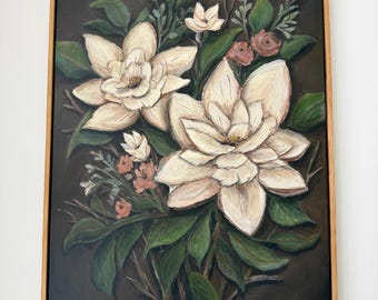Magnolia Nocturne Original Textured Floral Painting | Large Magnolia Wall Art | Neutral Botanical Artwork | 24x36 Canvas