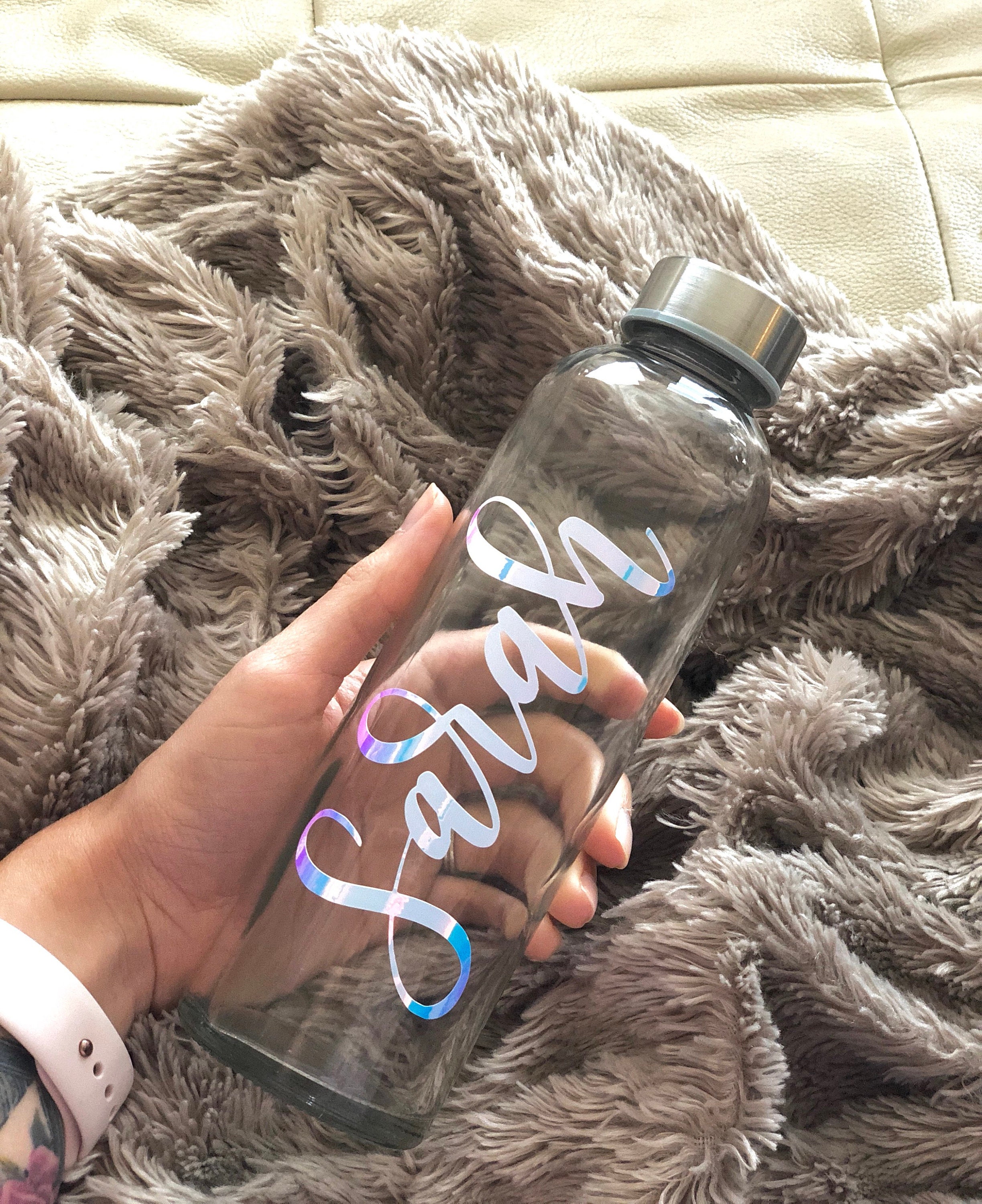 18 Oz. Personalized Hand Lettered Glass Water Bottle Stainless