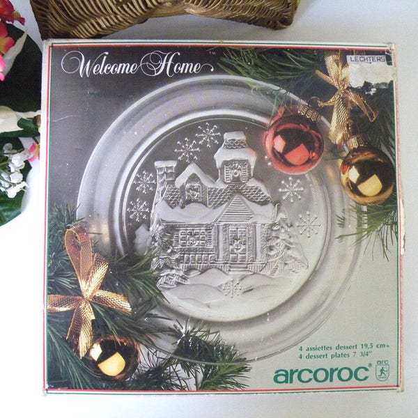 Arcoroc Christmas Plates, Welcome Home Pattern, Textured, Frosted, Lot Four, 7 1/2", ARC,  France, Tempered, Quality, Dessert, Salad