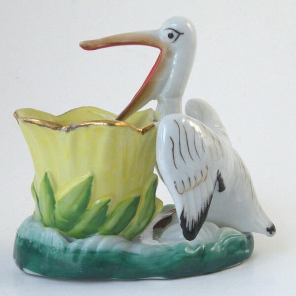 Pelican Toothpick Holder or Planter, Japan, Unusual, White Pelican Bird Figurine, Open Beak, Floral Holder, Vintage, Beach Decor, Bird Lover