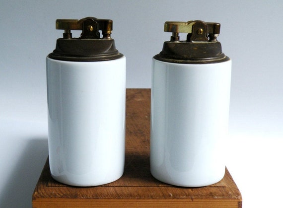 Pair Vintage Table Top Lighters Tall White Porcelain Bases Metal Tops Japan Industrial Contemporary Mid Century Man Cave Cigarettes