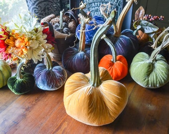 Silk Velvet Pumpkin in Mustard, Size Extra Large, Real Pumpkin Stem, Fall Decor, Table Centerpiece, Homemade Rustic Decoration