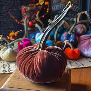 Silk Velvet Pumpkin in Ginger, Size Large, Real Pumpkin Stem, Fall Decor, Thanksgiving, Table Centerpiece, Homemade Rustic Decoration