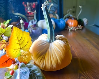 Silk Velvet Pumpkin in Mustard Yellow, Size Large, Real Pumpkin Stem, Size Large, Fall Decor, Table Centerpiece, Homemade Rustic Decoration