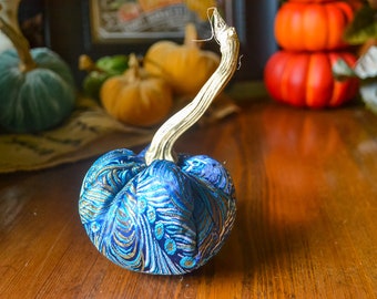 Brocade Pumpkin in Peacock Blue, Size Mini, Fall Decor, Table Centerpiece, Homemade Rustic Decoration