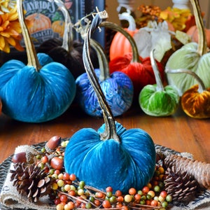 Silk Velvet Pumpkin in Deep Turquoise, Real Pumpkin Stem, Size Medium, Fall Decor, Table Centerpiece, Homemade Rustic Decoration