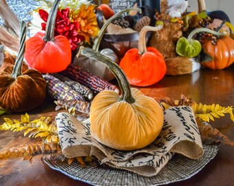 Silk Velvet Pumpkin in Mustard, Size Medium, Real Pumpkin Stem, Fall Decor, Table Centerpiece, Homemade Rustic Decoration