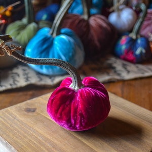 Silk Velvet Pumpkin in Fuchsia, Size Extra Mini, Real Pumpkin Stem, Fall Decor, Table Centerpiece, Homemade Decoration
