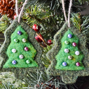 Needle Felted Christmas Tree Ornaments, Set of Two, Felted Wool, Rustic Handmade Decoration, Christmas Tree Decoration