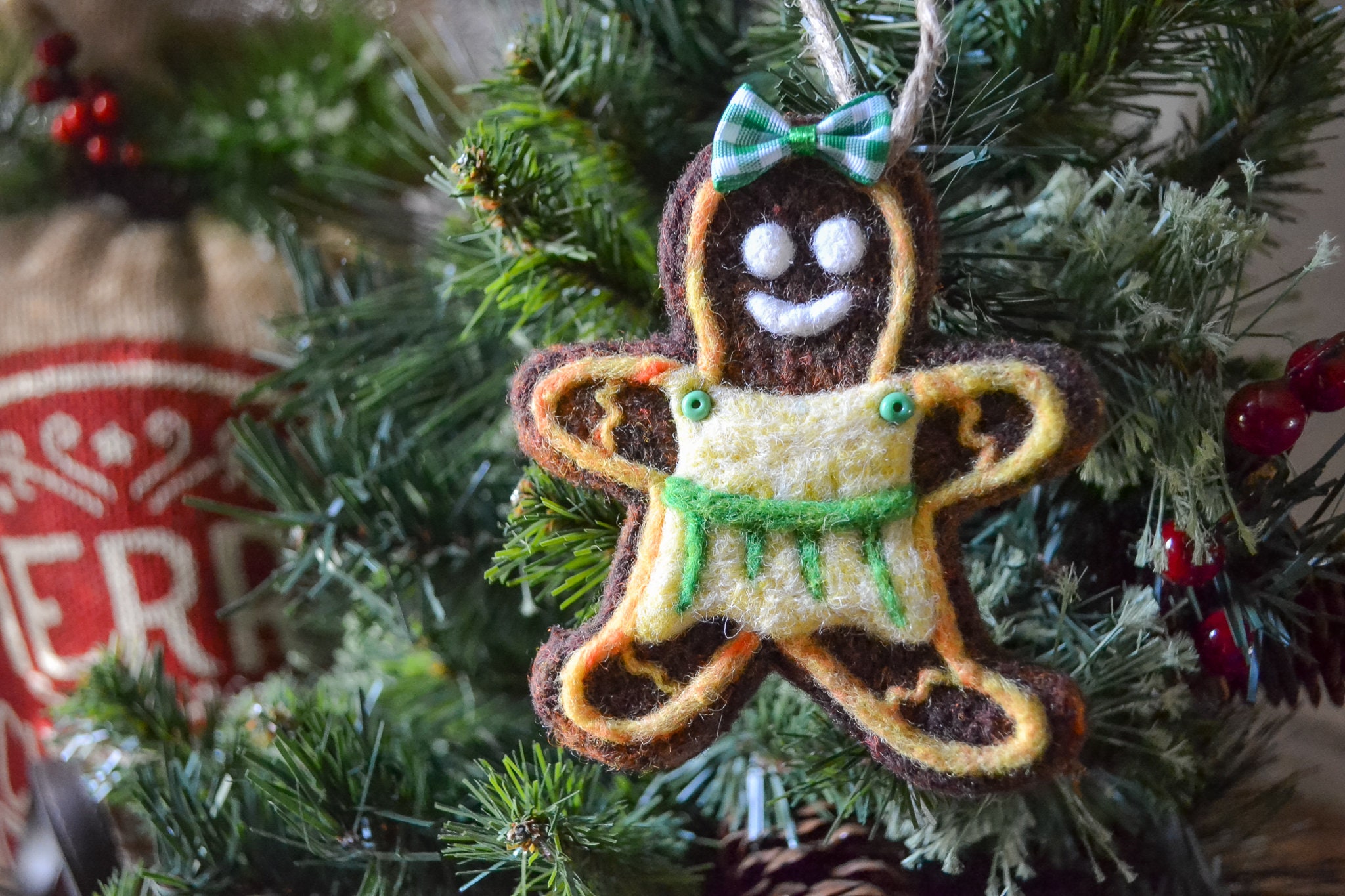 Needle Felted Gingerbread Woman Ornament, Felted Wool, Rustic Handmade Decoration, Christmas Tree Decoration