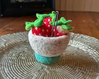 Needle Felted Pincushion, Bowl of Strawberries, Spring, Felted Food, Table Decor, Felted Wool, Sewing Pin Organizer, Handmade