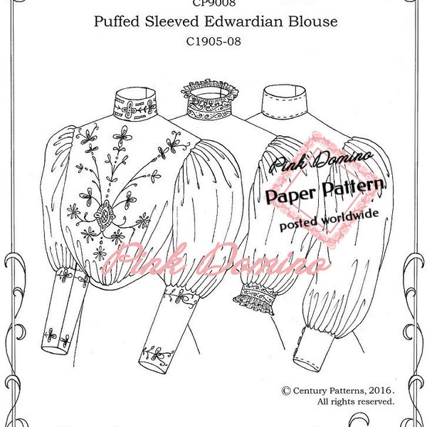 Edwardian Puffed Sleeve Blouse Pattern c1905-1908 Century Patterns.  Buste multi-taille 30 à 48 pouces.