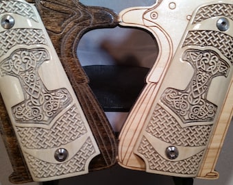 Viking Thors Hammer and Basket Weave engraved Full Size 1911 Grips