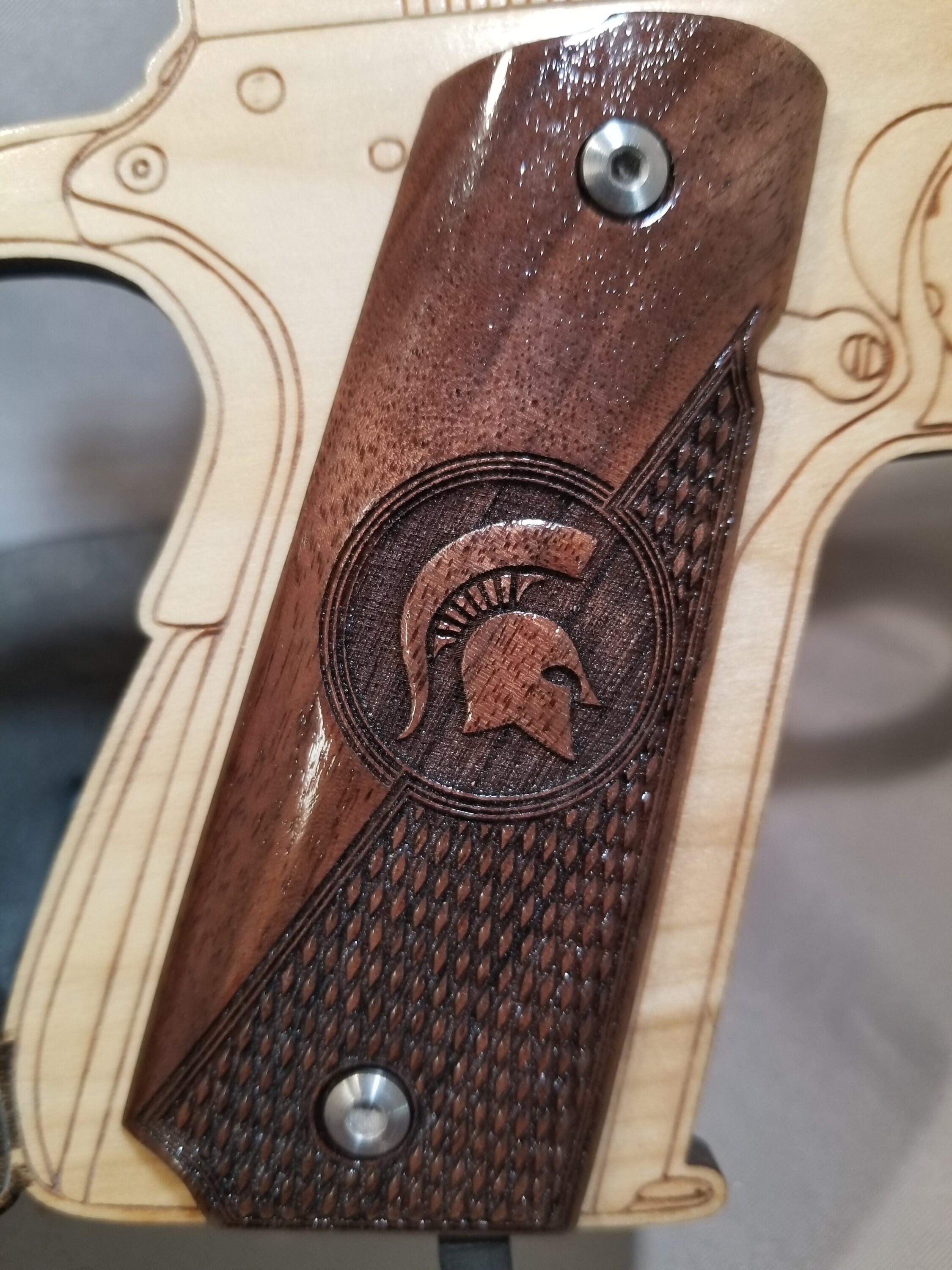1911 FULL SIZE grips with engraved Spartan Helmet Logo and checkering