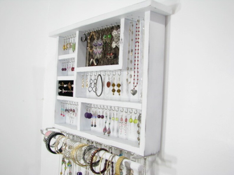 Wall Jewelry Box In Distressed White With Ring Storage And Bangle Bar