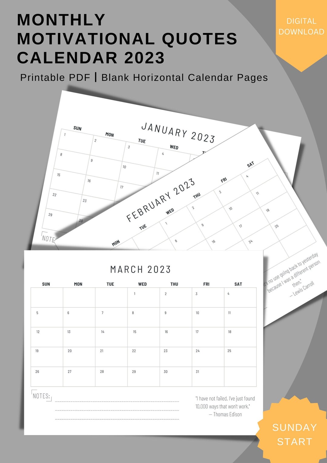 2023 Motivational Monthly Calendar Sunday Start Horizontal - Etsy