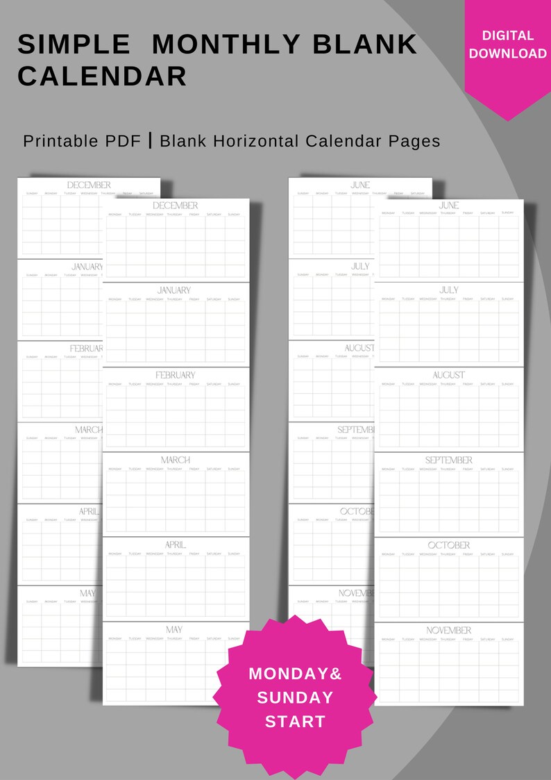 Minimalistic Digital Calendar Horizontal Printable Calendar - Etsy