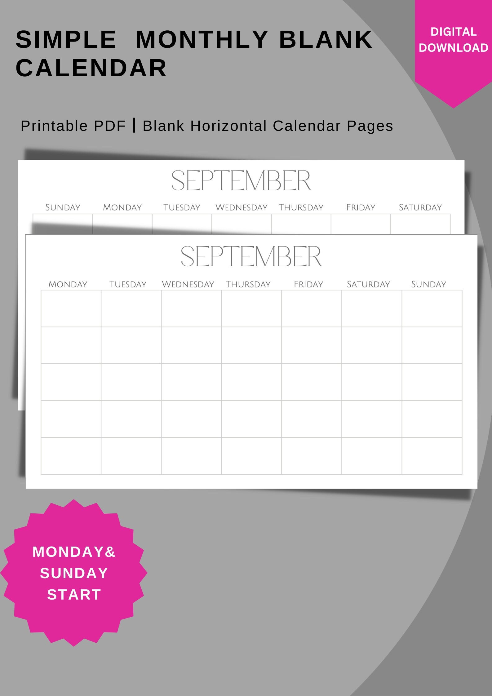 Minimalistic Digital Calendar Horizontal Printable Calendar - Etsy