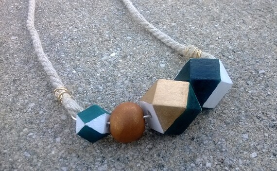 Geometric Wood & Clay Hemp Necklace || Faceted Beads || Gold / White / Teal