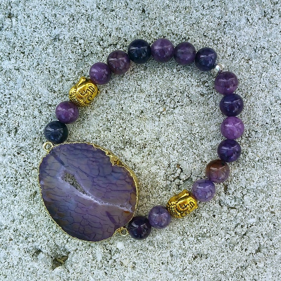 Purple Agate Buddha Beaded Druzy Bracelet