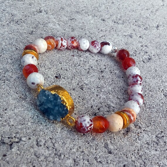 Faceted Fire Agate Beaded Druzy Bracelet