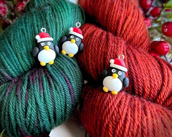 Christmas penguin resin charm stitch marker snagless rings huggie clasps; progress keeper; knitting crochet earrings