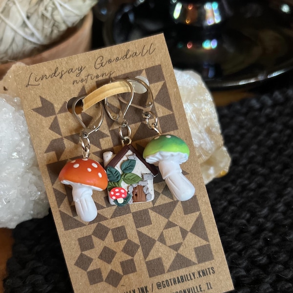 Mushroom hut 3 piece stitch marker set; knitting notions; progress keeper