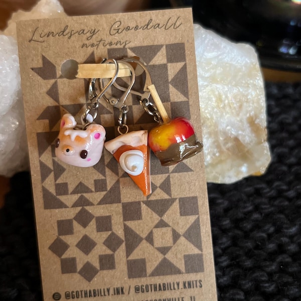 Autumn treats 3 piece stitch marker set; knitting notions; progress keeper