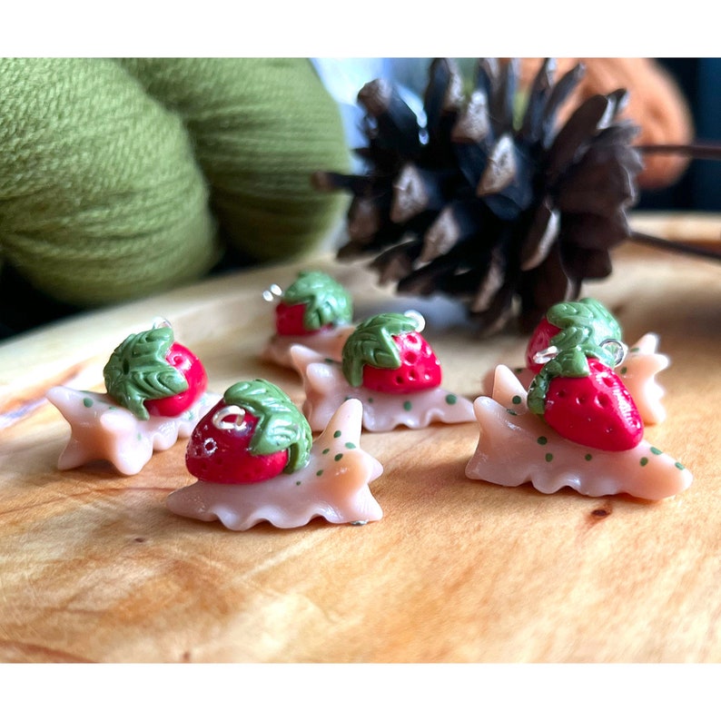 Strawberry snail cottagecore autumn knitting crochet Progress Keeper food kawaii charm stitch marker Polymer clay image 1