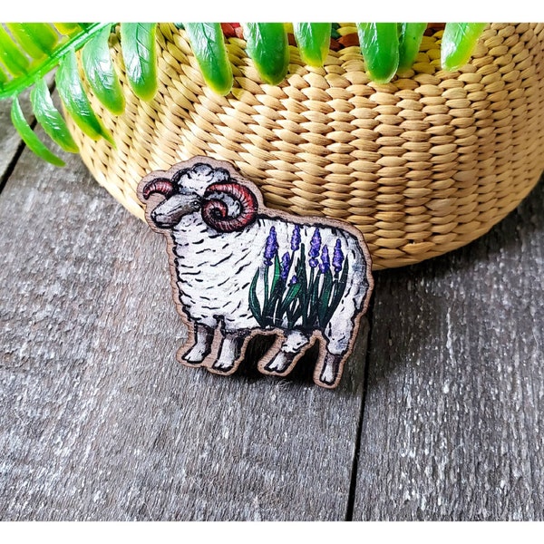 Lavender ram sheep brooch, needleminder; knitting stitching nature animal retro vintage cameo Wood lapel coat hat pin