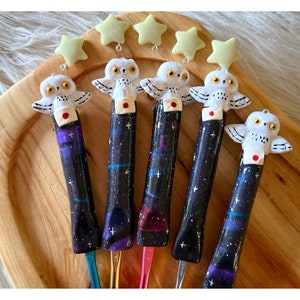 Owl mail wizard magic fantasy book crochet hook resin sealed polymer clay wrapped handle ergonomic